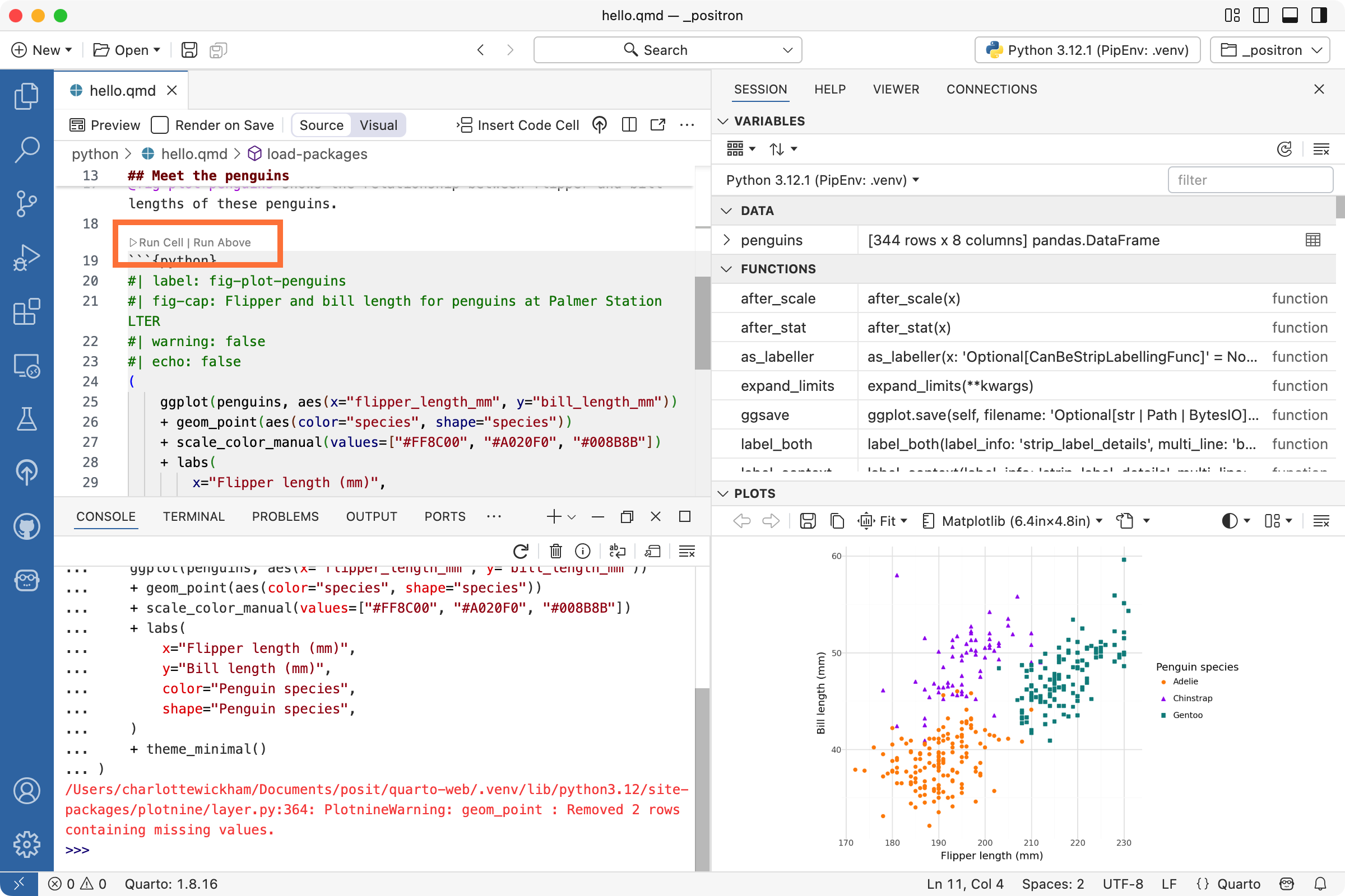 A Positron session with `hello.qmd` open in the Editor. An orange box highlights the button 'Run Cell' above a code cell with the label `plot-penguins`. The Console shows an executed line of code ending in `theme_minimal()` and the Plots pane shows a scatterplot of penguin flipper and bill length.