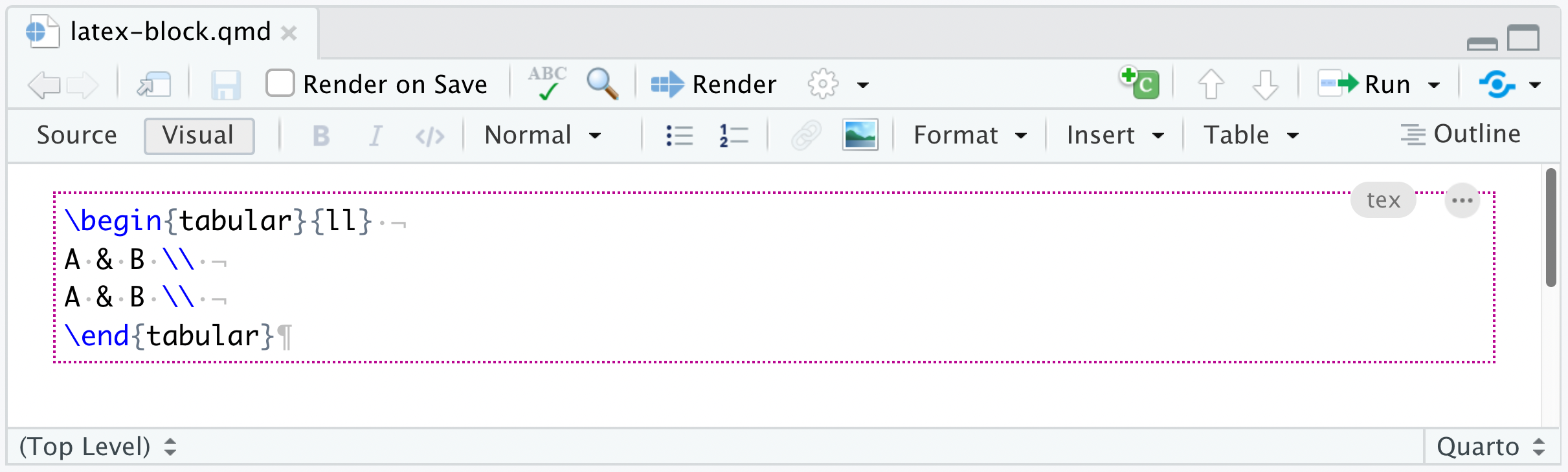 An R Markdown document opened in the R Studio visual editor. There is raw LaTeX describing a table surrounded by a pink rectangle. The rectangle runs the width of the page. At the top right of the pink rectangle is the label 'latex' and another button labeled by three dots. The